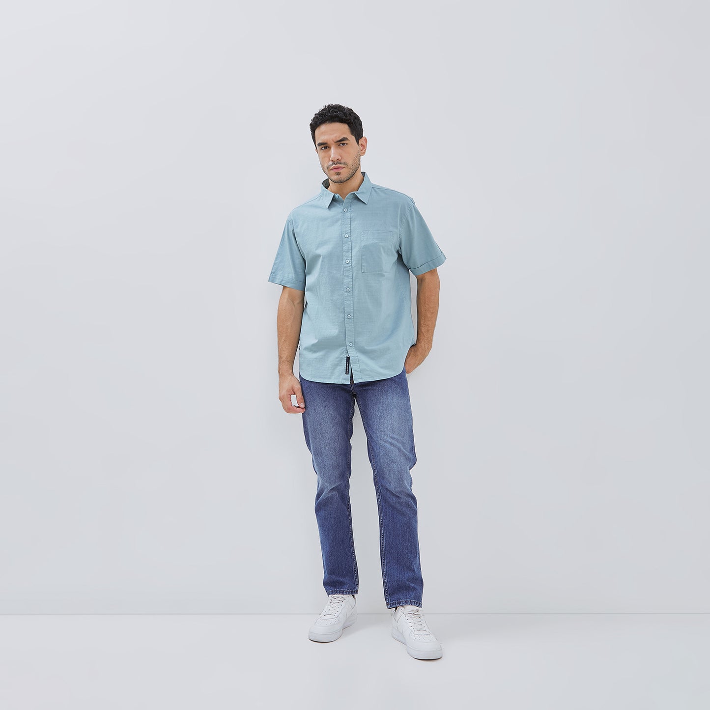 Osella Solid Linen Look Collared Short Sleeve Shirt