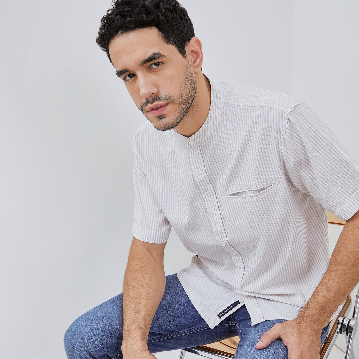 Osella Short Sleeve Stripe Shirt In Beige And White
