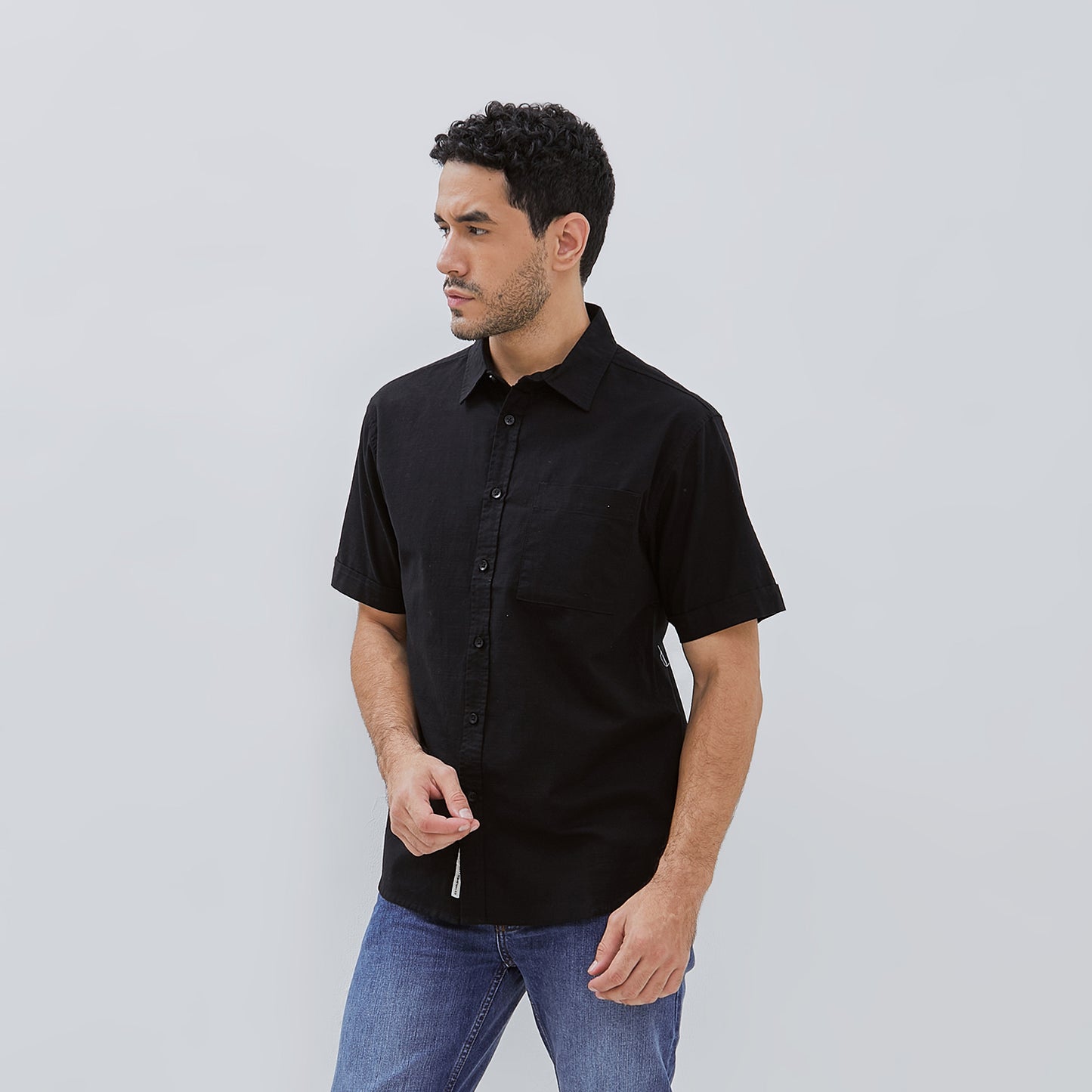 Osella Solid Linen Look Collared Short Sleeve Shirt