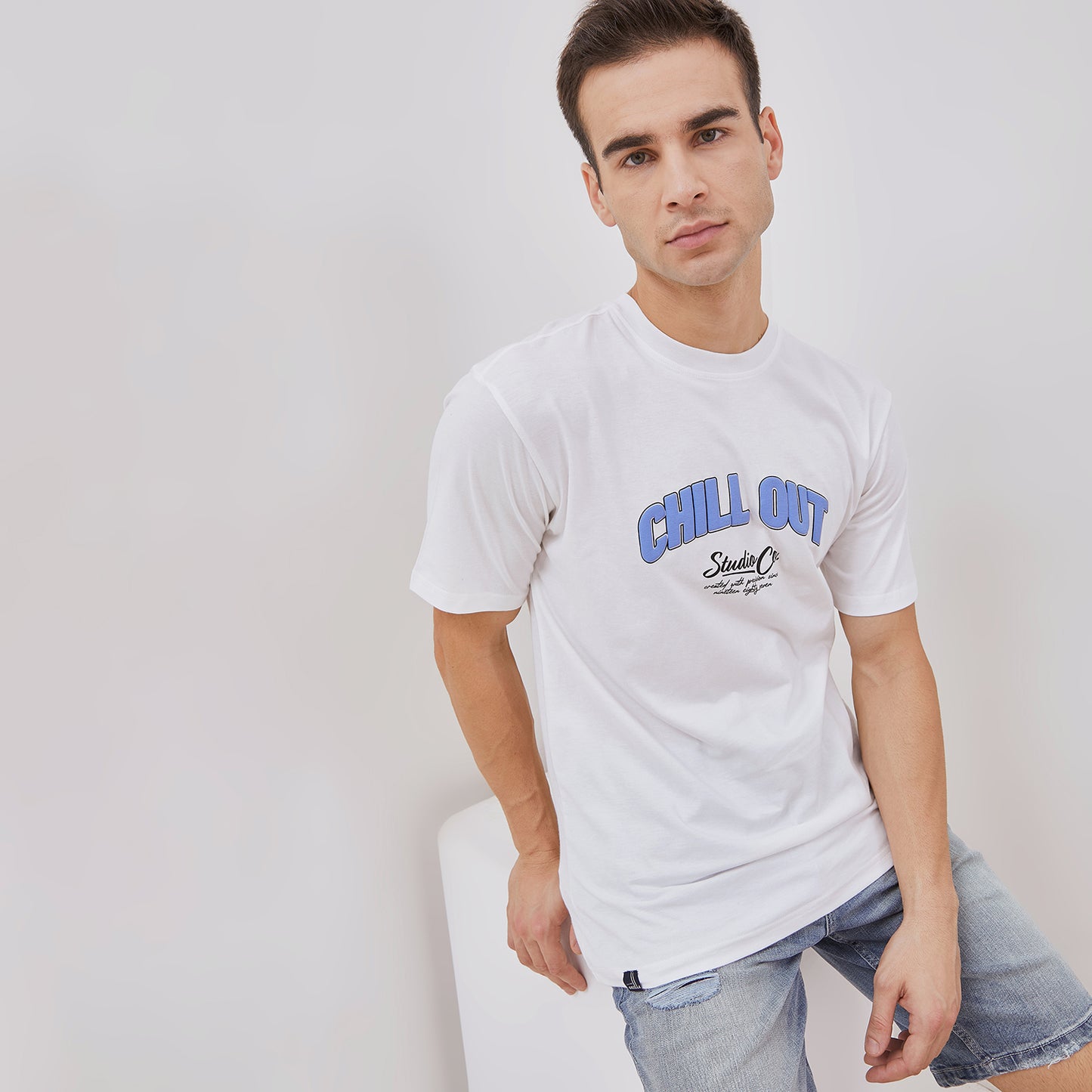 Osella Regular Fit Short Sleeve Print Application Detailing T-shirt In White 2074400801