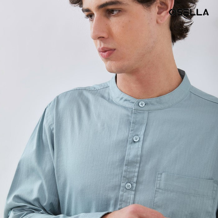 [NEW] OSELLA HERRINGBONE LONG SLEEVE SHANGHAI COLLAR SHIRT IN SILVER BLUE