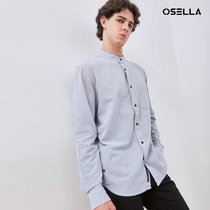 [NEW] OSELLA STRIPED SHANGHAI COLLARED LONG SLEEVE SHIRT IN BLUE AND WHITE 2037521042 | Atasan Kemeja Pria Lengan Panjang Lebaran