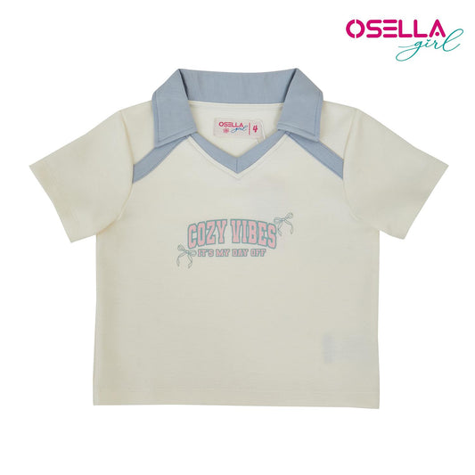 [NEW] Osella Cozy Vibes V-Neck T-Shirt With Collar In Off-White | Atasan Blouse Anak Perempuan 2371500401