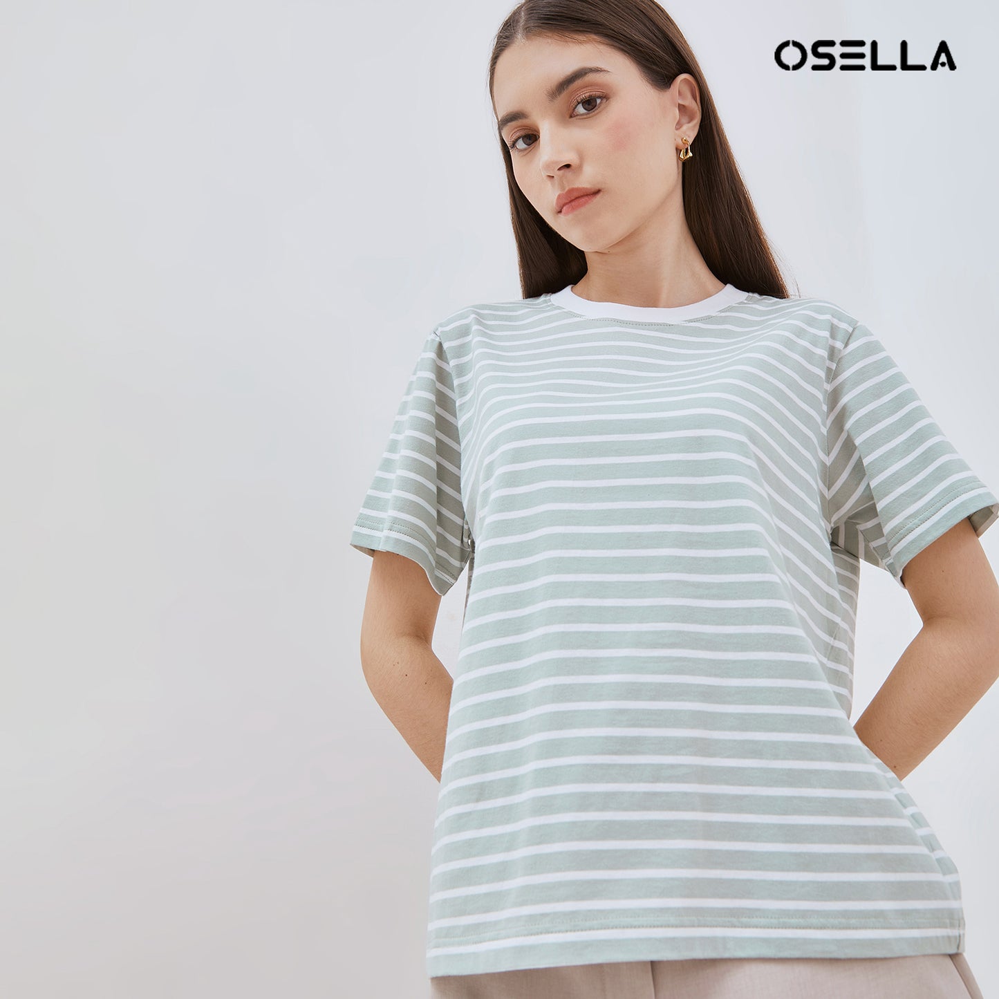 [NEW] Osella Striped T-shirt In Sage And White 2171400867 | Kaos Wanita Lengan Pendek