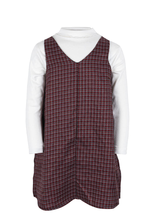 Osella Kids Overall Dress With Checkered Pattern In Red And Additional Long Sleeve Mock Neck T-Shirt