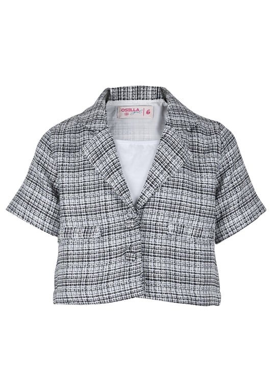 Osella Kids Short Sleeve Tweed Look Blazer In Black And White Pattern With Additional Tanktop