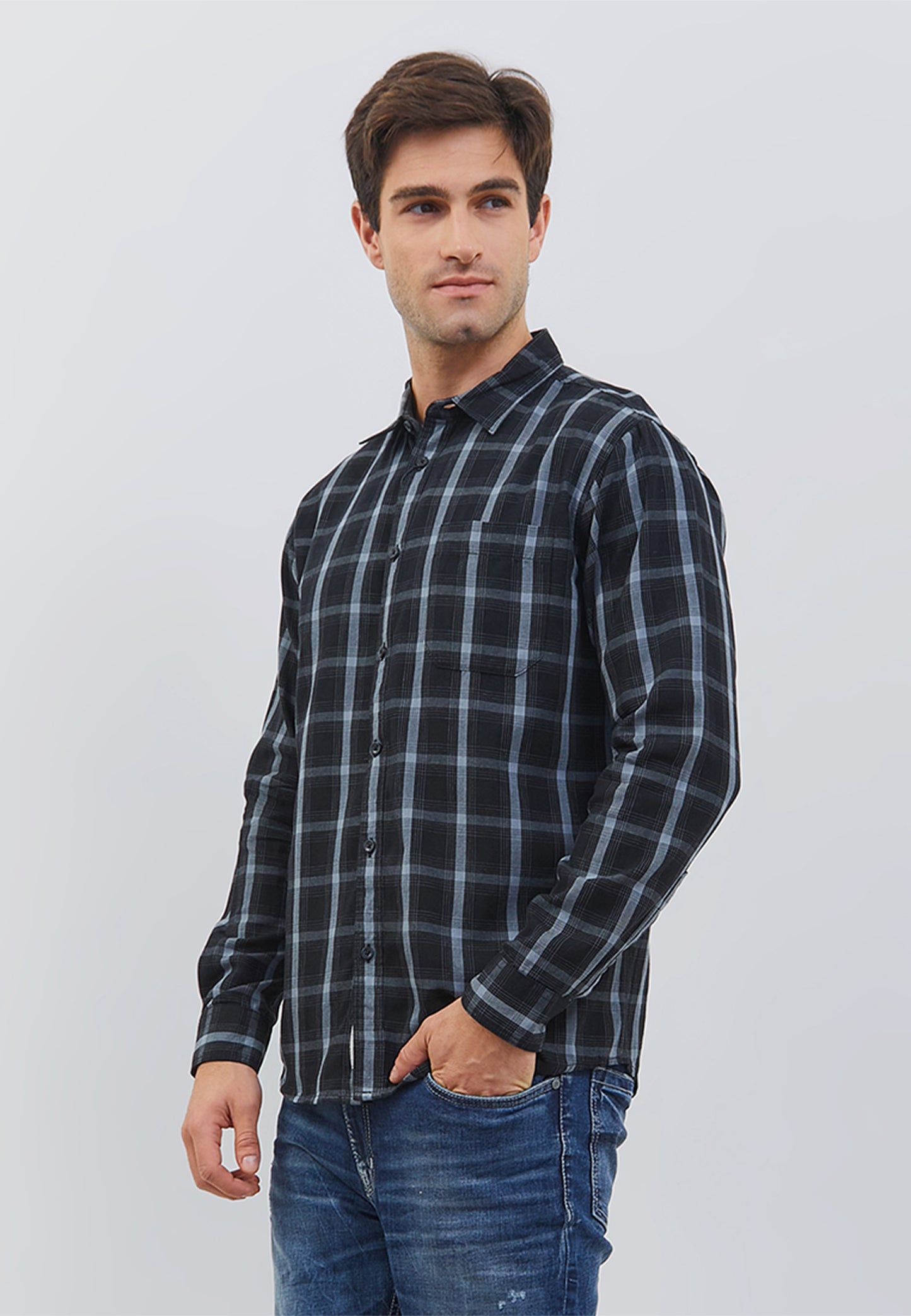 Osella Regular Fit Plaid Shirt In Black And Blue Silver