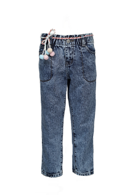 Osella Kids Girl Capri Jeans with Pompom Belt in Ice Wash Denim