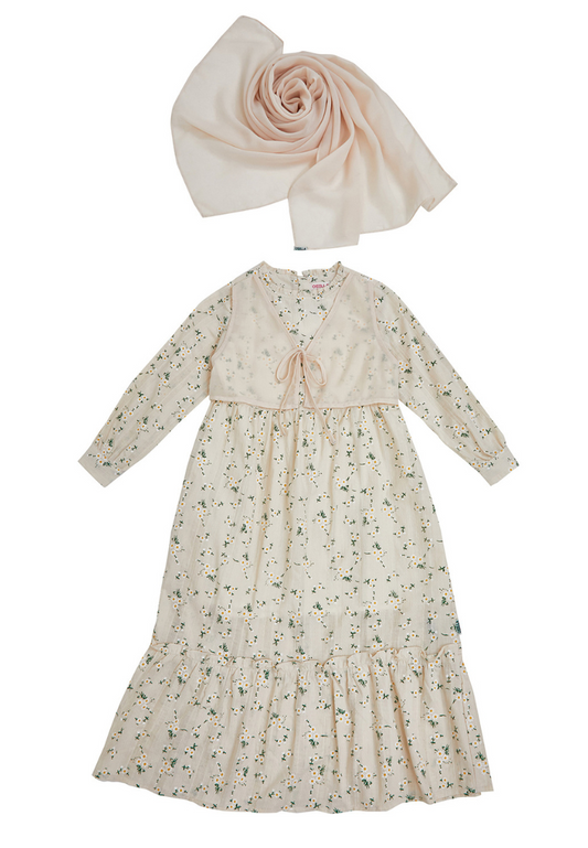 Osella Kids Floral Pattern Maxi Dress With Vest Combination In Light Beige + Additional Pashmina