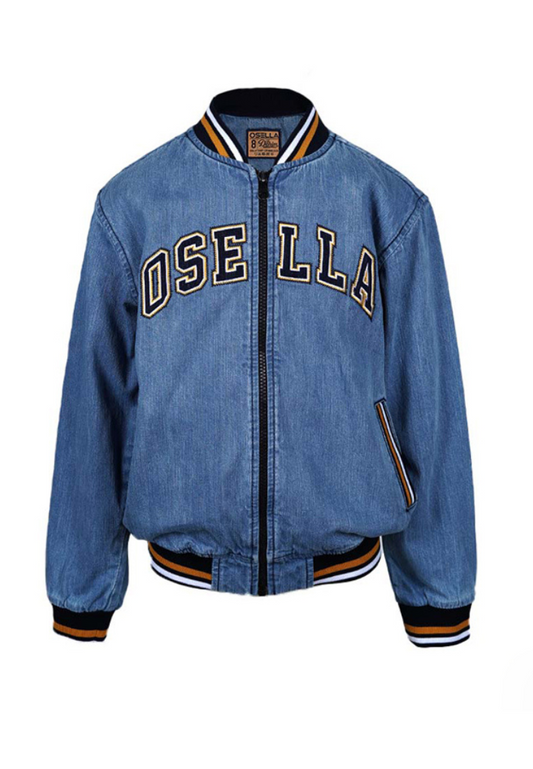 Osella Kids Boy Denim Varsity Jacket in Medium Blue Wash