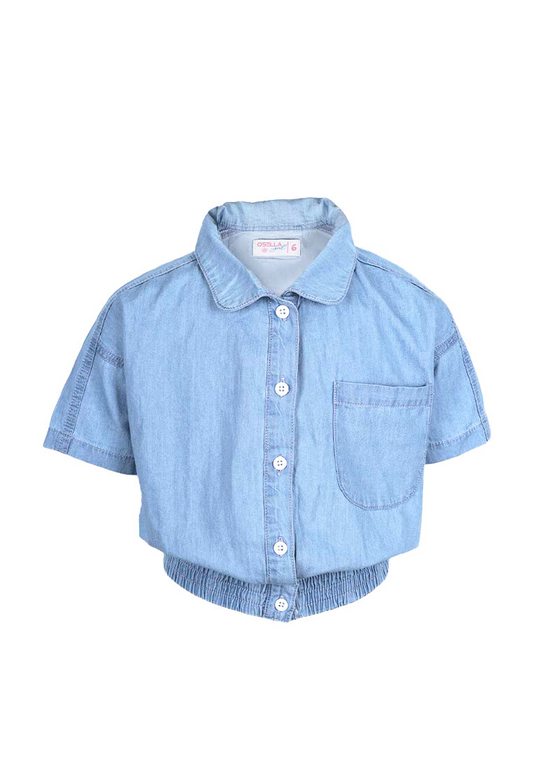 Osella Kids Girl Short Sleeve Shirt with Elastic Waist in Light Blue Wash