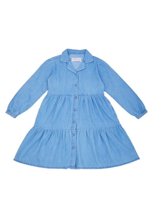 Osella KIds Denim Cuban Collar Midi Dress In Medium Wash Denim