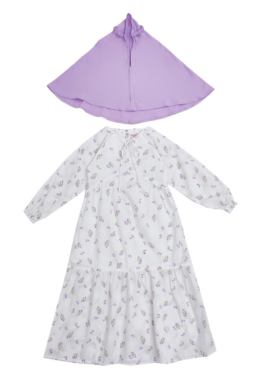Osella Kids Maxi Dress In Purple Floral Patterns + Additional Hijab