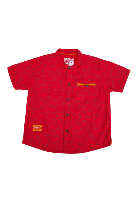 Osella Kids Mandarin Collar Short Sleeve Shirt in Red Oriental Pattern
