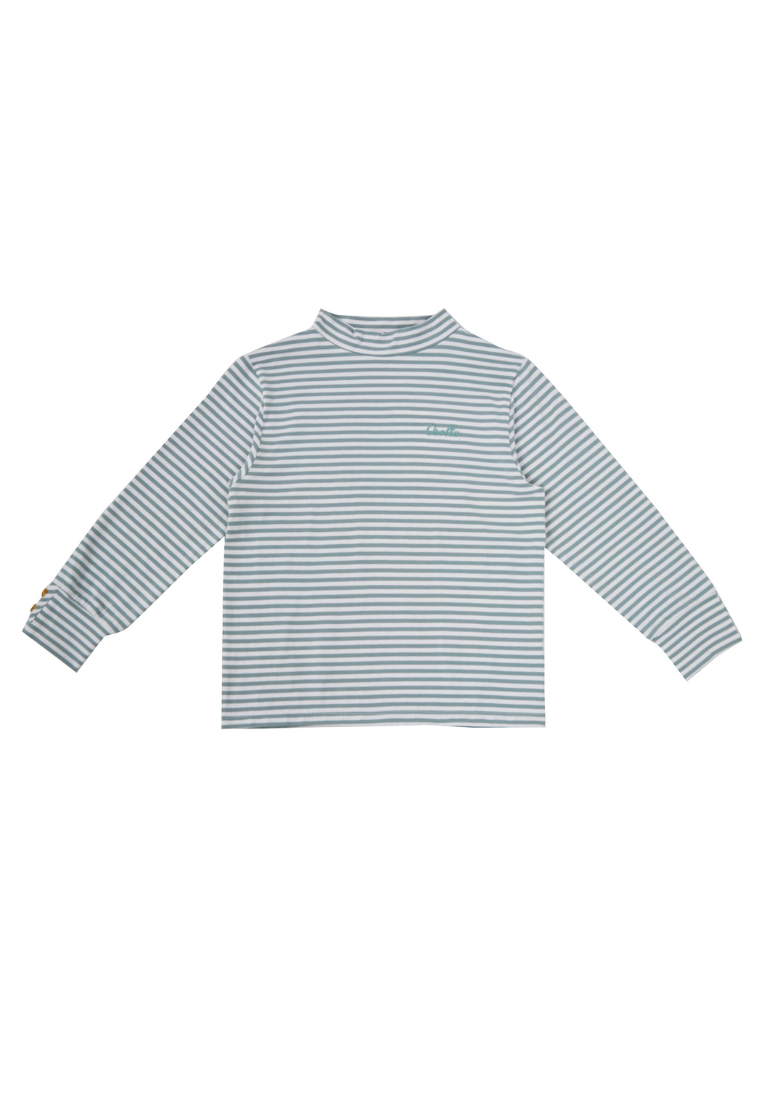 Osella Kids Mock Neck Long Sleeve Stripe T-Shirt In Sage Green And White