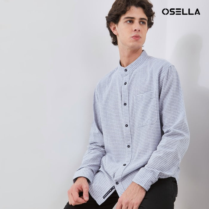 [NEW] OSELLA STRIPED SHANGHAI COLLARED LONG SLEEVE SHIRT IN BLUE AND WHITE 2037521042 | Atasan Kemeja Pria Lengan Panjang Lebaran