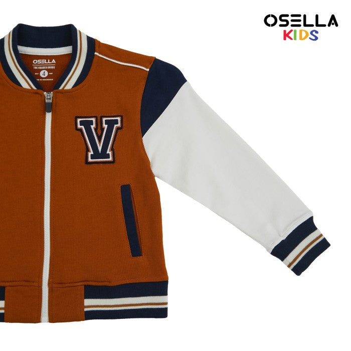 [NEW] OSELLA VARSITY JACKET IN BROWN WITH NAVY DETAILING AND CONTRAST SLEEVES 2262500156 | Jacket Anak Laki-laki