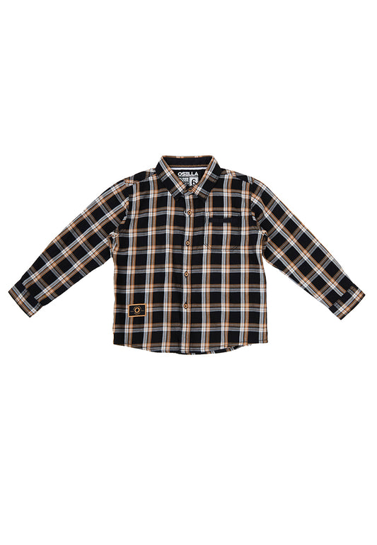 Osella Kids Boy Earth Checkerd Regular Long Sleeve Shirt In Black Brown