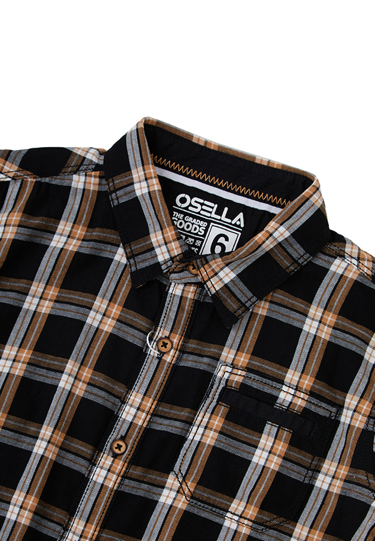 Osella Kids Boy Earth Checkerd Regular Long Sleeve Shirt In Black Brown