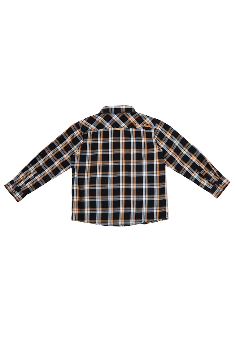 Osella Kids Boy Earth Checkerd Regular Long Sleeve Shirt In Black Brown