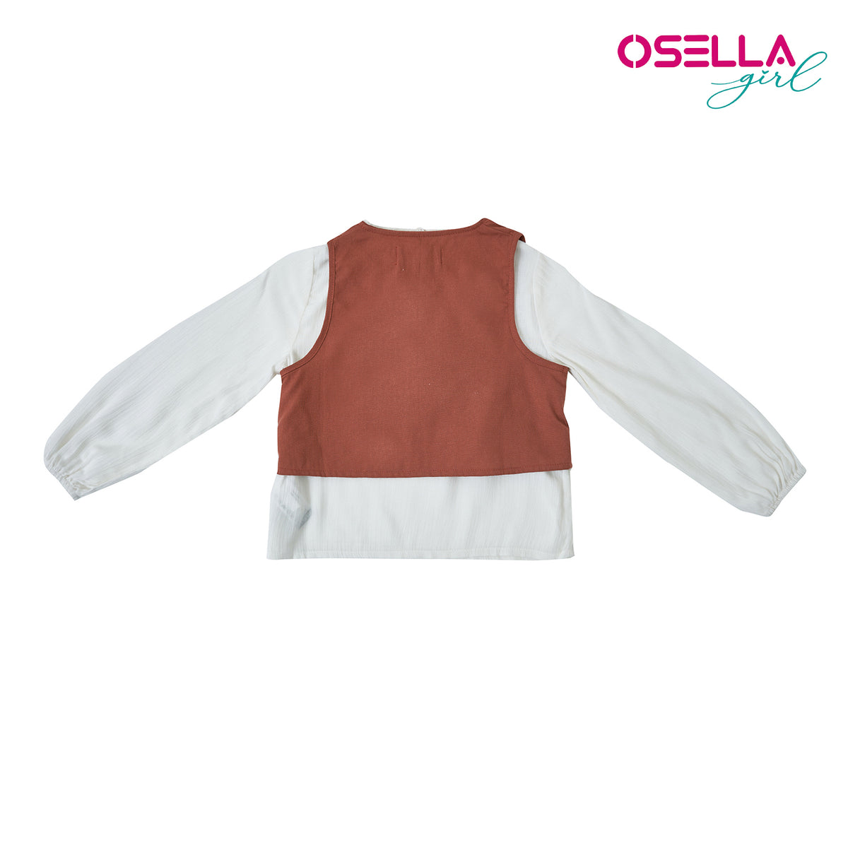 Osella Kids White Solid Blouse With Additional Brown Embroidery Vest