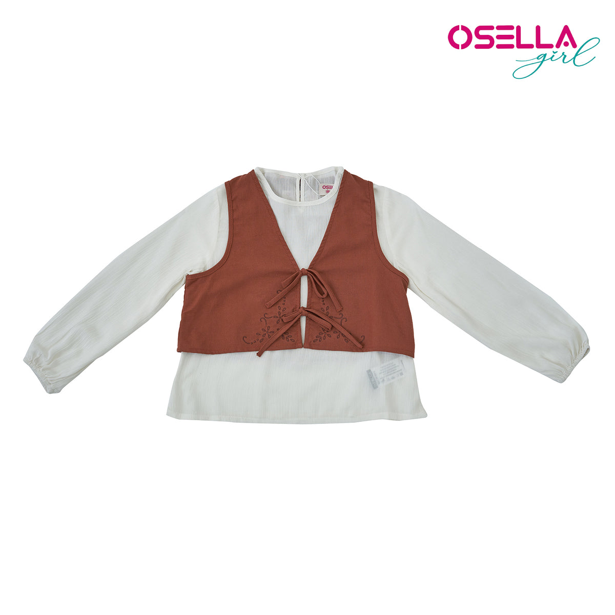 Osella Kids White Solid Blouse With Additional Brown Embroidery Vest