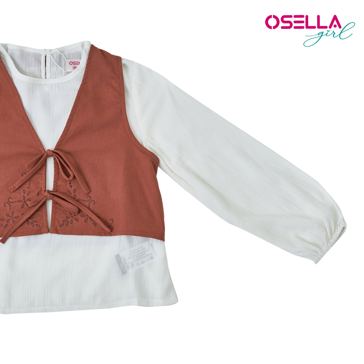 Osella Kids White Solid Blouse With Additional Brown Embroidery Vest