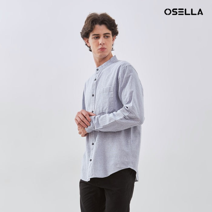 [NEW] OSELLA STRIPED SHANGHAI COLLARED LONG SLEEVE SHIRT IN BLUE AND WHITE 2037521042 | Atasan Kemeja Pria Lengan Panjang Lebaran