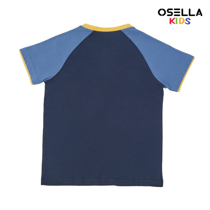 [NEW[] OSELLA REGULAR TEXTURED GRAPHIC T-SHIRT WITH RAGLAN SLEEVE IN NAVY AND SEAPORT BLUE COMBINATION  2274500359 | Atasan Kaos Anak Laki Laki