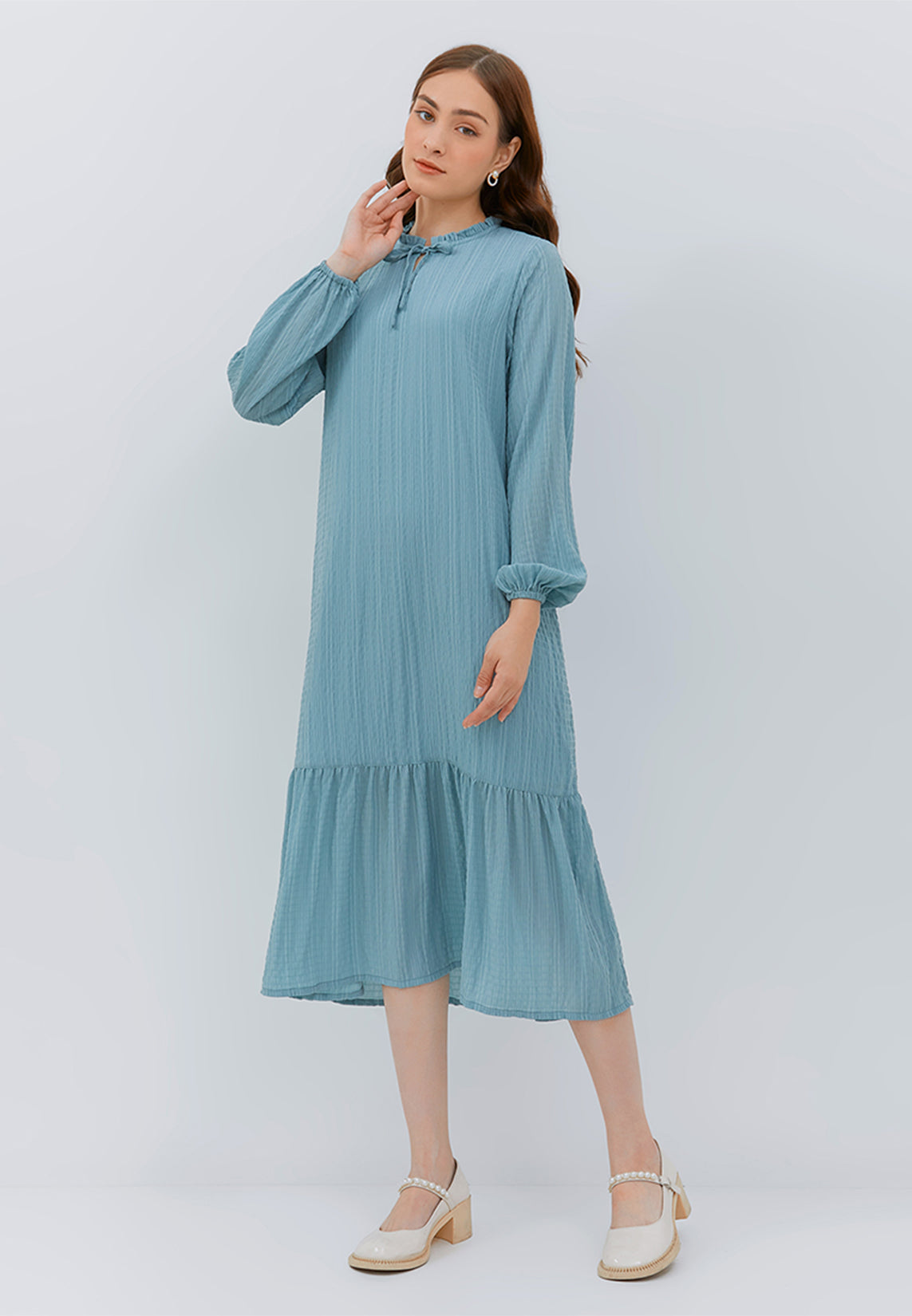 Osella Crepe Fabric Long Sleeve Maxi Dress In Mineral Green