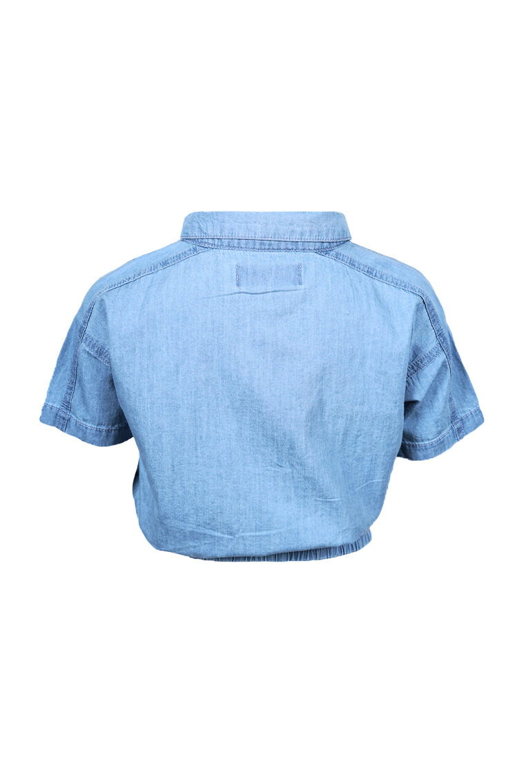Osella Kids Girl Short Sleeve Shirt with Elastic Waist in Light Blue Wash