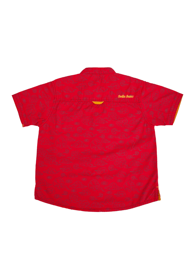 Osella Kids Mandarin Collar Short Sleeve Shirt in Red Oriental Pattern