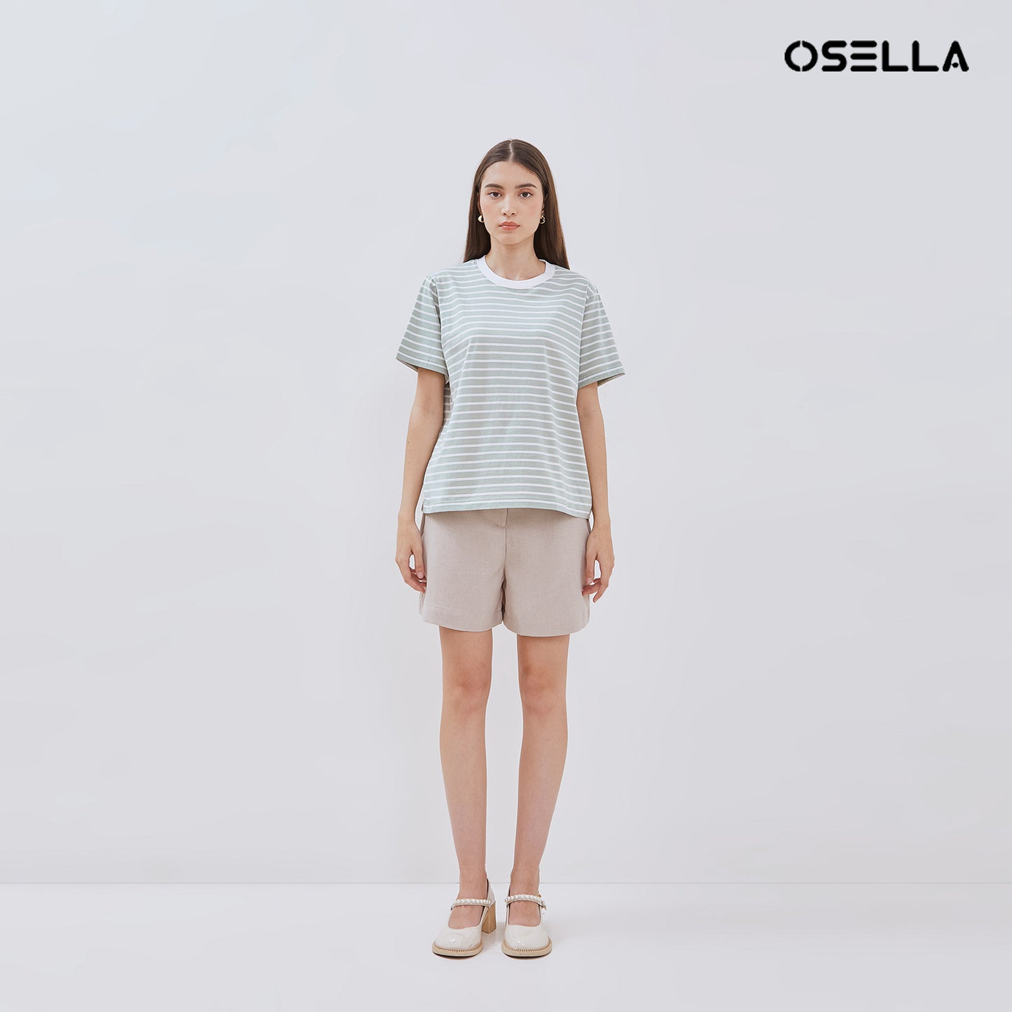 [NEW] Osella Striped T-shirt In Sage And White 2171400867 | Kaos Wanita Lengan Pendek