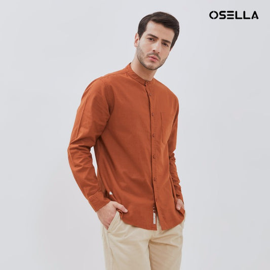 [NEW] Osella Solid Cotton Slub Shanghai Collared Long Sleeve Shirt 2037520312