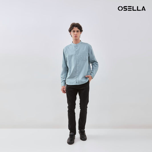 [NEW] OSELLA HERRINGBONE LONG SLEEVE SHANGHAI COLLAR SHIRT IN SILVER BLUE