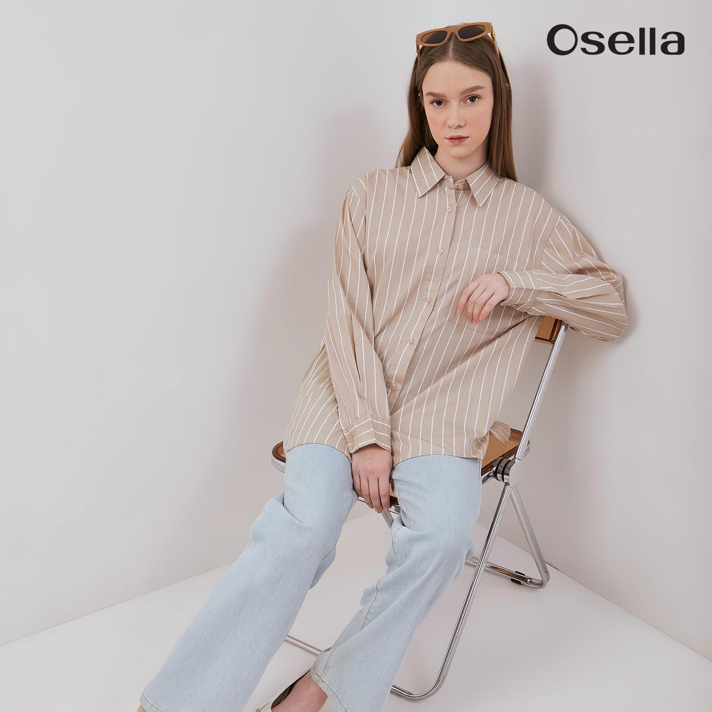 Osella Lucy Reguler Fit Stripe Shirt 21375013 | Atasan Wanita Garis Lengan Panjang