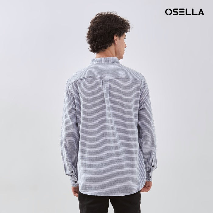 [NEW] OSELLA STRIPED SHANGHAI COLLARED LONG SLEEVE SHIRT IN BLUE AND WHITE 2037521042 | Atasan Kemeja Pria Lengan Panjang Lebaran