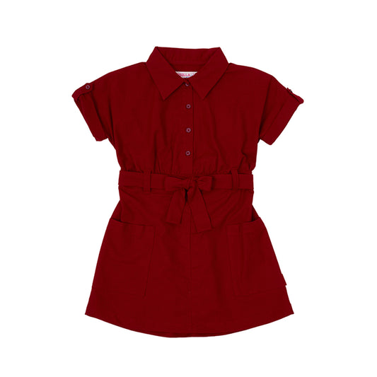 Osella Collared Solid Mini Dress With Additional Self Fabric Belt In Red