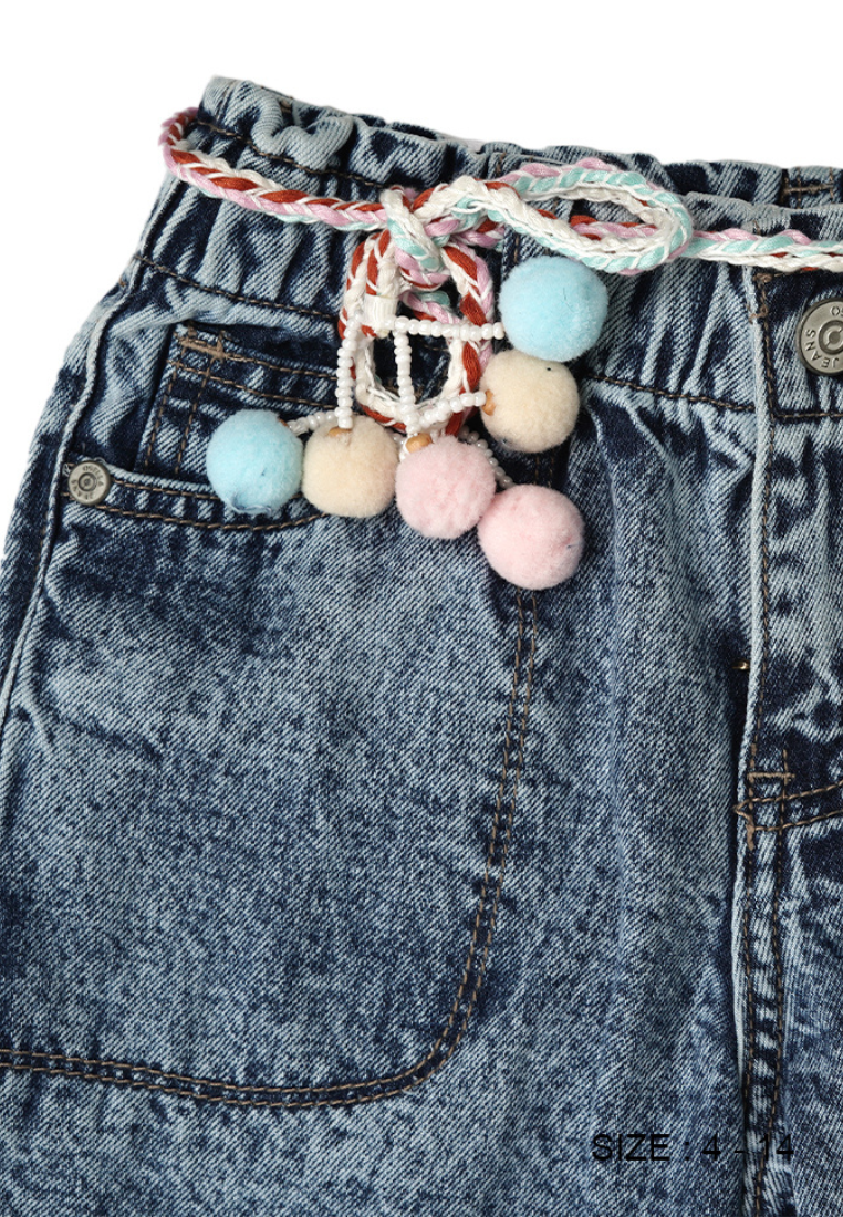 Osella Kids Girl Capri Jeans with Pompom Belt in Ice Wash Denim