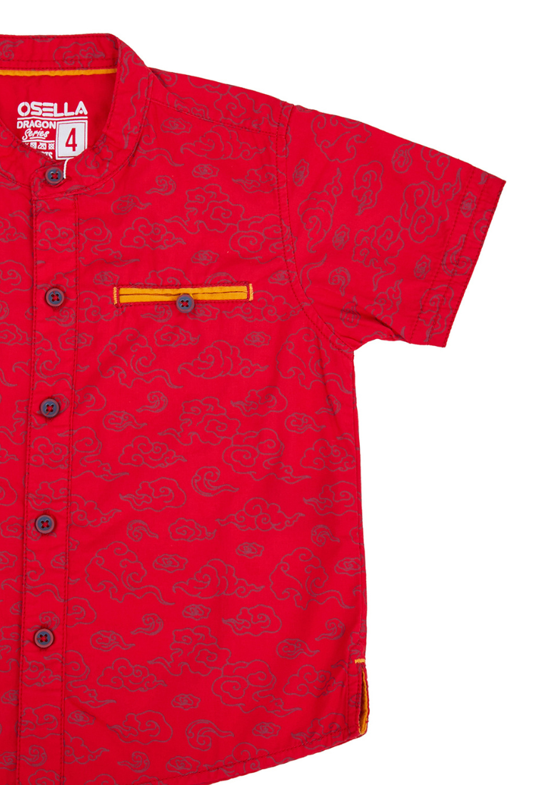 Osella Kids Mandarin Collar Short Sleeve Shirt in Red Oriental Pattern