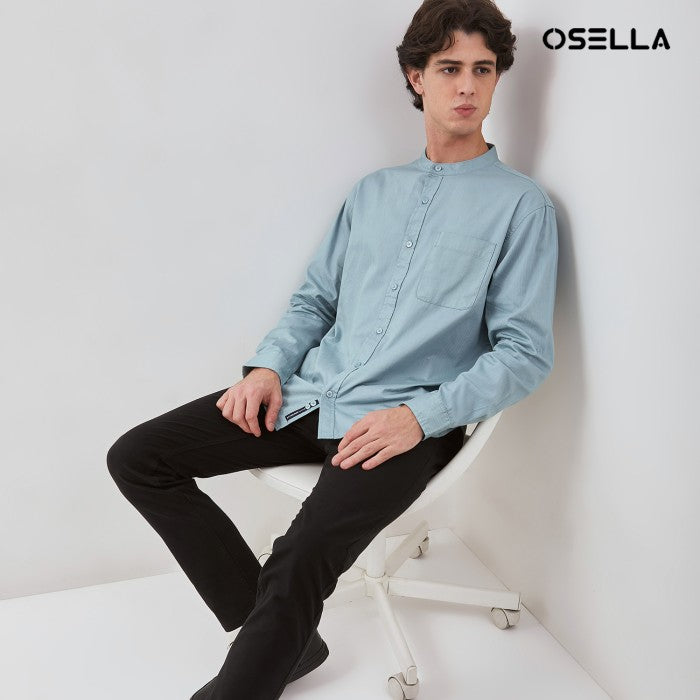 [NEW] OSELLA HERRINGBONE LONG SLEEVE SHANGHAI COLLAR SHIRT IN SILVER BLUE