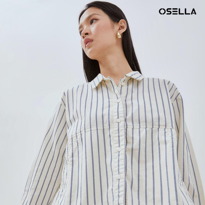 [NEW] OSELLA LEXA STRIPED SHACKET IN OFF WHITE AND NAVY 2137500301 | Atasan Garis Garis Lengan Panjang