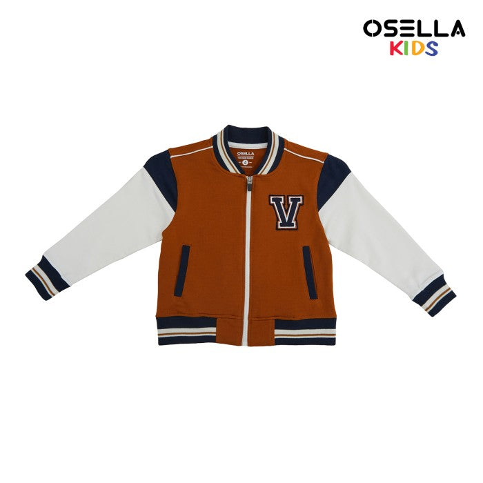 [NEW] OSELLA VARSITY JACKET IN BROWN WITH NAVY DETAILING AND CONTRAST SLEEVES 2262500156 | Jacket Anak Laki-laki