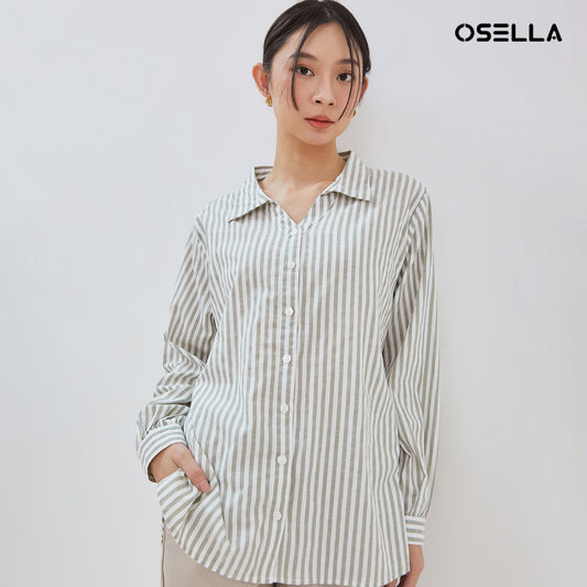 Osella Long Sleeve V Collared Striped Shirt In Mint Green And White