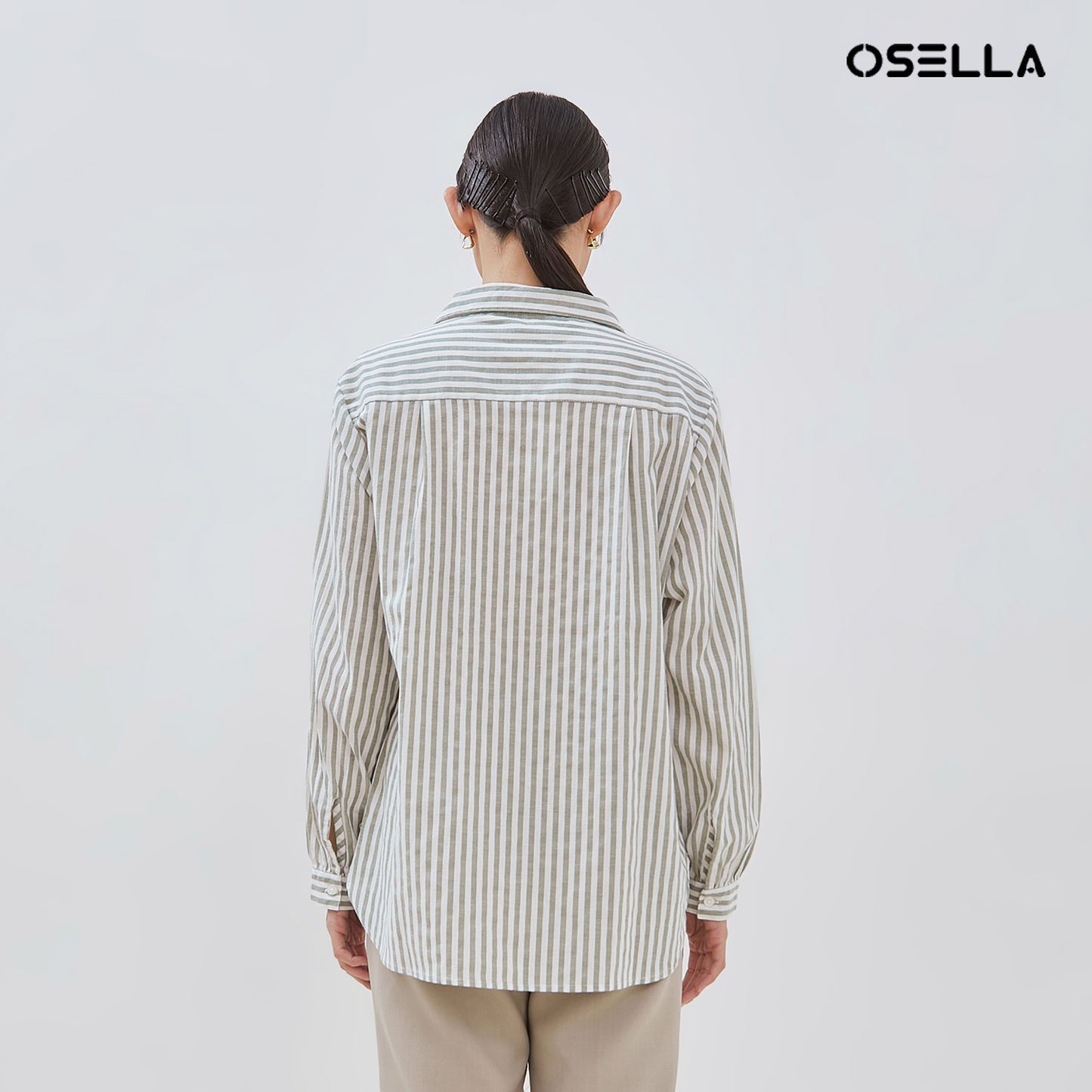 Osella Long Sleeve V Collared Striped Shirt In Mint Green And White