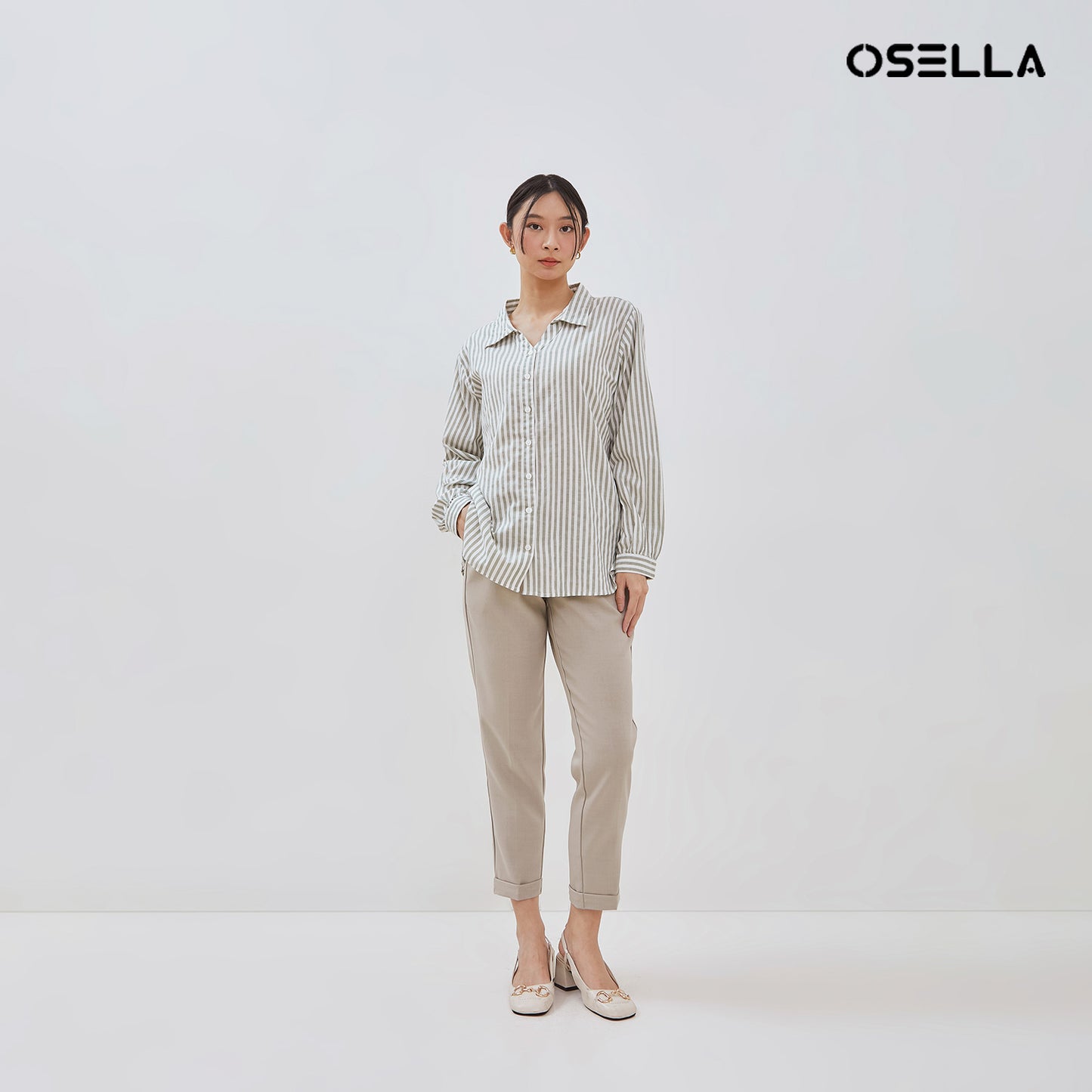 Osella Long Sleeve V Collared Striped Shirt In Mint Green And White