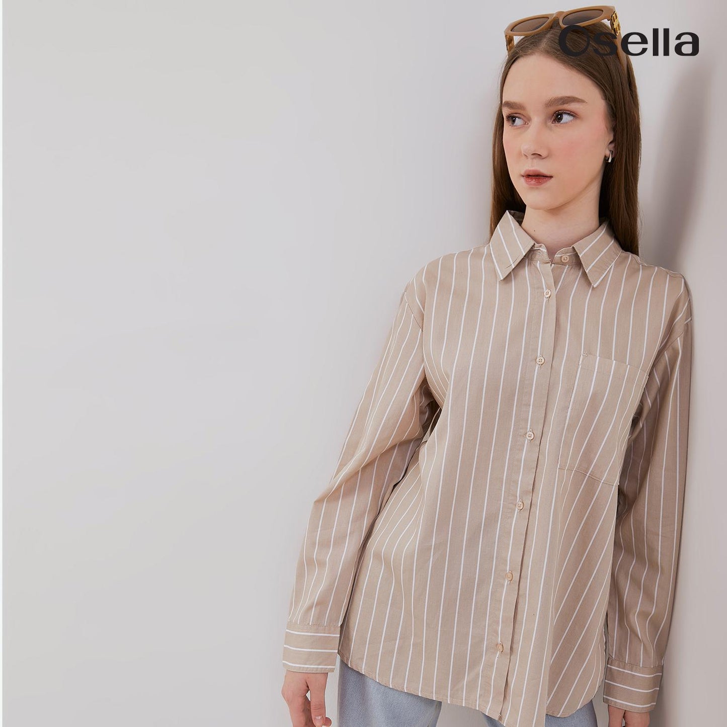 Osella Lucy Reguler Fit Stripe Shirt 21375013 | Atasan Wanita Garis Lengan Panjang