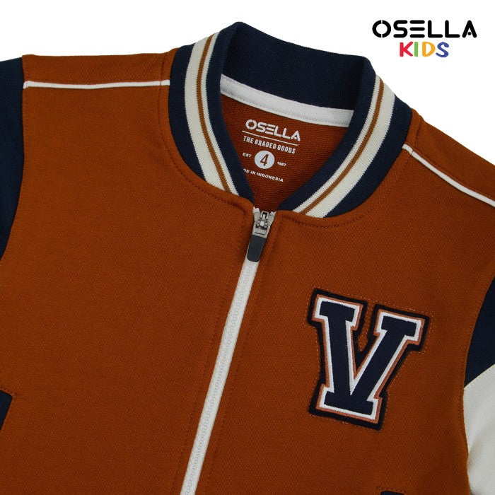 [NEW] OSELLA VARSITY JACKET IN BROWN WITH NAVY DETAILING AND CONTRAST SLEEVES 2262500156 | Jacket Anak Laki-laki