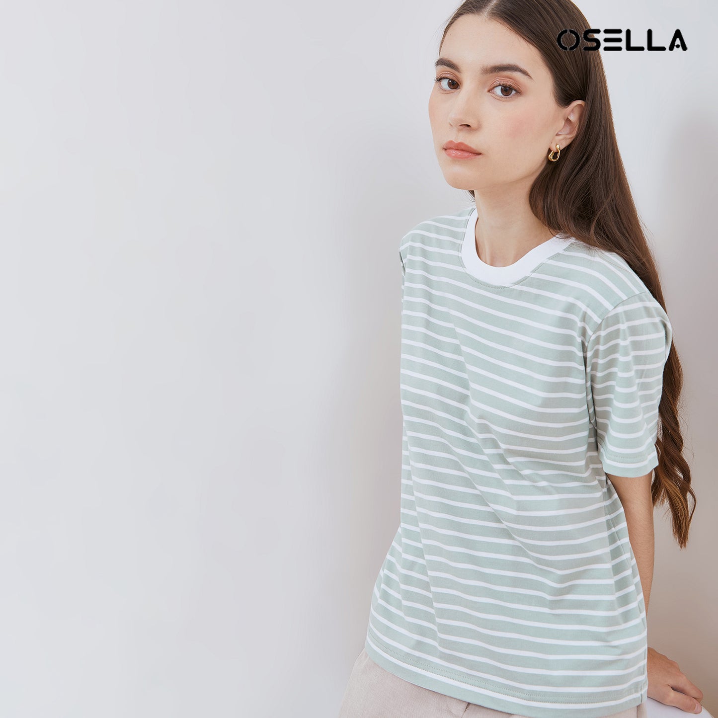 [NEW] Osella Striped T-shirt In Sage And White 2171400867 | Kaos Wanita Lengan Pendek