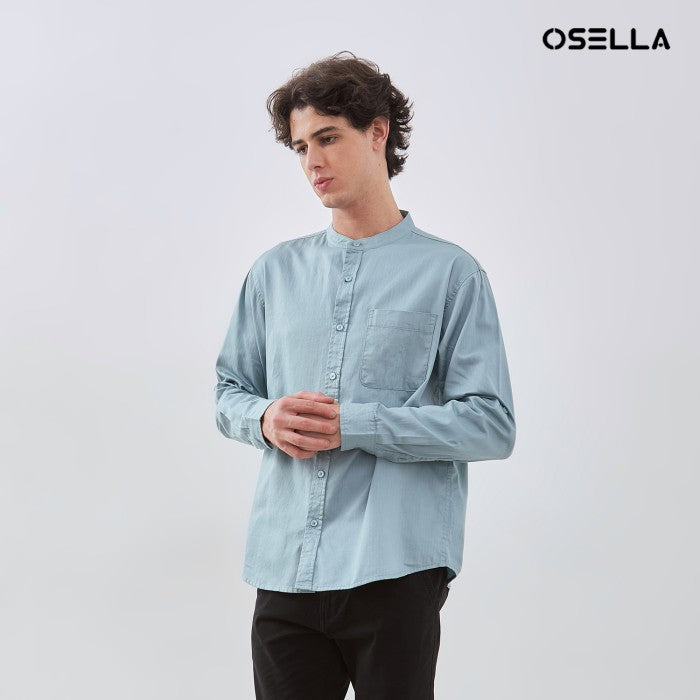 [NEW] OSELLA HERRINGBONE LONG SLEEVE SHANGHAI COLLAR SHIRT IN SILVER BLUE